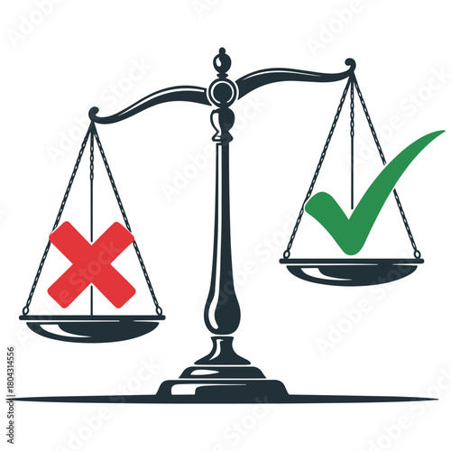 Symbol of Judgement: A balanced scale holds the weight of right and wrong, decision-making and justice. one side displays a green checkmark while the other bears a red X.