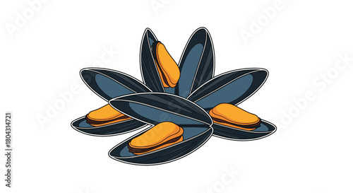 Fresh mussels illustration, perfect for seafood restaurant menus, cookbook designs, and coastal-themed promotions adding ocean flavor to any project