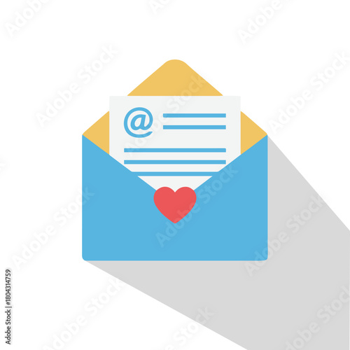 A blue open envelope with a yellow flap containing a letter with an @ symbol and text, featuring a red heart on the front, in a flat design style with a long shadow.