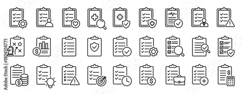 Clipboard icon set. Report and survey editable line icons. Vector illustration.
