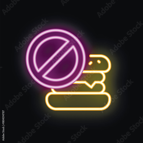 Glowing neon icon of a hamburger with a stop sign on it, representing a ban on unhealthy food