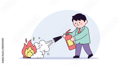 Brave cartoon businessman extinguishing fire with extinguisher safety first in workplace showing fire safety compliance and preparedness