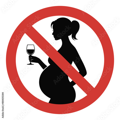 Pregnant Woman and Alcohol Prohibition: A striking silhouette of a pregnant woman, holding a glass of wine, is sharply contrasted by a bold red prohibition sign.