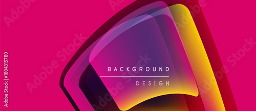 Abstract vibrant layers create dynamic shape. Pink backdrop emphasizes colorful gradient design. Text reads background design.