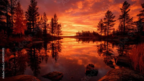 Stunning sunset over a calm lake with reflections of trees and vibrant clouds in a serene landscape