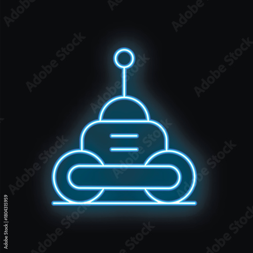 Blue neon icon of a wheeled robot glowing on a dark background
