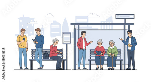 People waiting at a modern bus stop, including seniors and young adults, showing community connection and diverse demographics in urban setting