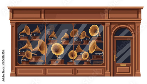 Step back in time with this charming vintage gramophone shopfront, perfect for adding a touch of nostalgia and elegance to your project