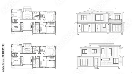 High-quality black blueprint line art of modern two-story house with structural measurements and window elevation details