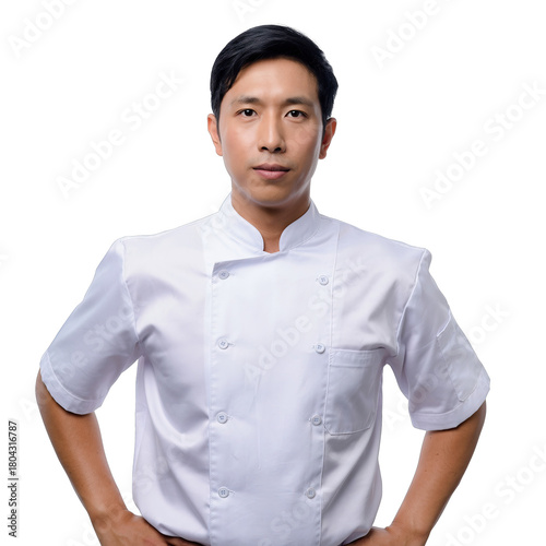Portrait of an Asian Man Wearing a White Chef Jacket Standing with Hands on Hips in a Studio Against a Black Background Isolated