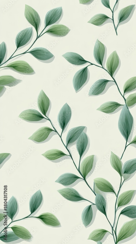 Fototapeta premium Green leaves with subtle shadows forming a repeating botanical pattern, presenting a fresh and natural background suitable for design, decoration, or wallpaper
