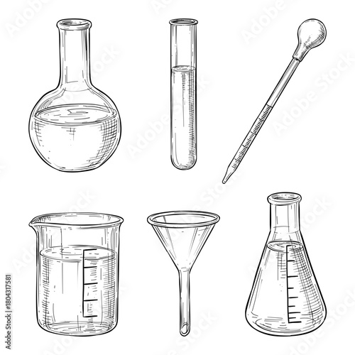 chemical glassware laboratory equipment vector line art hand drawn illustration set collection