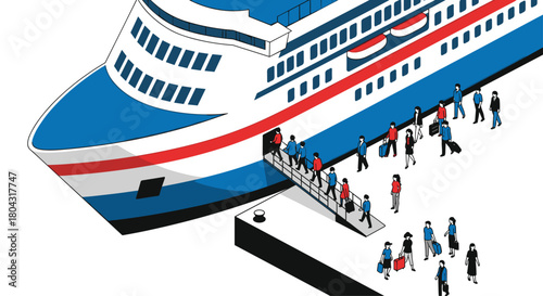 Embark on a journey with travelers boarding a vibrant ferry, suitcases in hand, eager to explore new horizons and create unforgettable memories