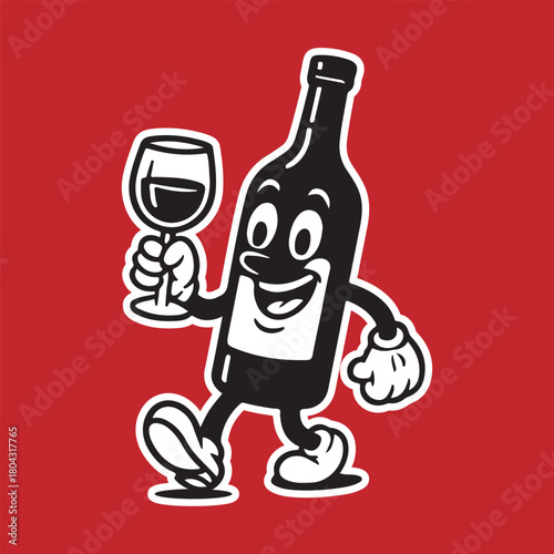 Whimsical wine bottle character toasting with a glass, perfect for fun promotions, inviting restaurant menus, and cheerful celebrations