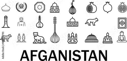 Afghanistan line icons set afghan symbols collection vector illustration isolated on transparent background