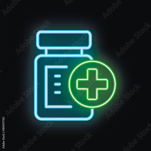 Neon medical sign showing medicine bottle with green cross, concept for pharmacy, drugstore or hospital