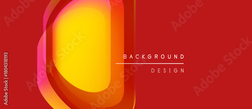 Dynamic red background features vibrant yellow oval shape. Modern design elements create striking visual impact. Simple text complements composition.