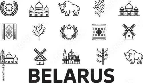 Belarus traditional vector outline icon set architecture monuments wildlife food culture symbols collection.
