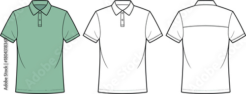 Polo shirt technical flat drawing vector illustration set, short sleeve golf tennis apparel template, front back and color view