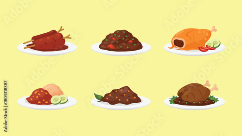 Six Plates of Delicious Indonesian Food Dishes, Vector Illustration