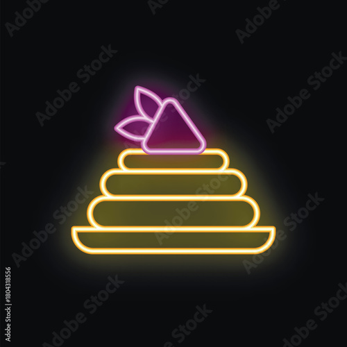 Glowing neon sign representing a stack of delicious pancakes with syrup and strawberry on top, perfect for restaurant advertising