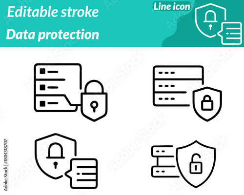 Data protection set line icon. Modern lines it represents encryption secure storage and defense against threats. Ideal for tech companies software cloud service and security platforms conveying trust.