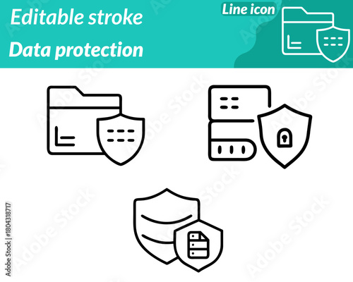 A modern data protection icon character featuring a shield with a central keyhole. surrounded by digital circuit lines binary digits and a secure padlock symbol. The clean high-tech design represents.