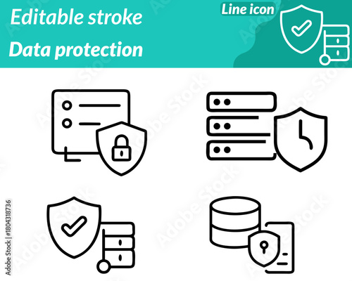 A modern data protection icon character featuring a shield with a central keyhole. surrounded by digital circuit lines binary digits and a secure padlock symbol. The clean high-tech design represents.