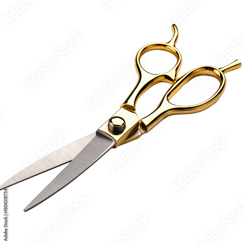 Professional Gold Handle Barber Shears Scissors Open Isolated on Black Background Studio Lighting Sharp Blades for Haircutting and Styling