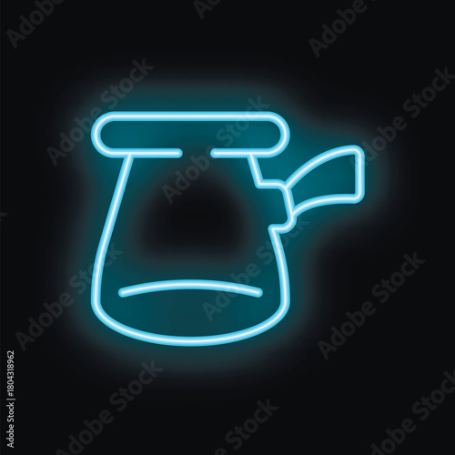 Blue neon sign of traditional turkish coffee pot cezve glowing on black background