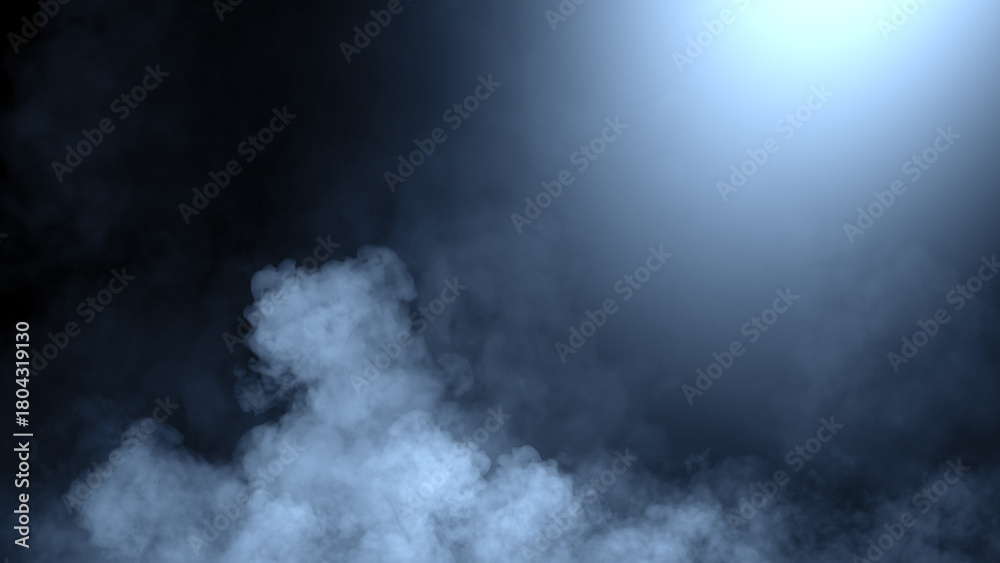 Fototapeta premium Divine light through a dark smoke and fog. The blue rays beam light. Spotlight on isolated black background.