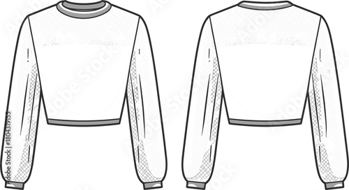 Cropped long sleeve sweatshirt technical flat drawing vector, front and back view fashion template, casual streetwear apparel mockup graphic