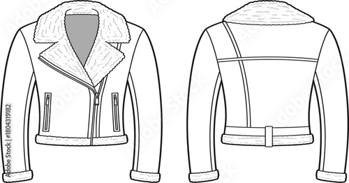 Shearling lined aviator jacket technical flat drawing vector, front and back view fashion template, winter faux fur apparel graphic