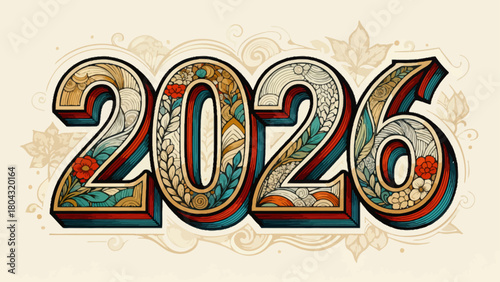 Creative art word "2026", hand-drawn vector illustration