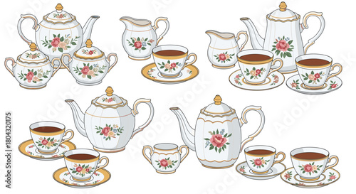 Host a delightful tea party with this elegant floral teapot and cup set, perfect for spring gatherings or vintage-themed designs!