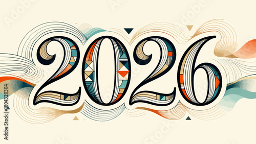 Creative art word "2026", hand-drawn vector illustration