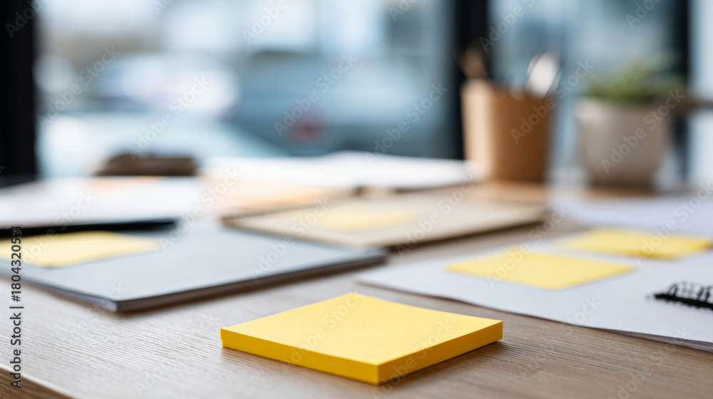 Fototapeta premium Close-up of yellow sticky notes on wooden desk with blurred supplies and window background in modern workspace