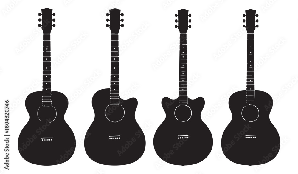 Obraz premium Four silhouetted acoustic guitars standing side by side on a white background