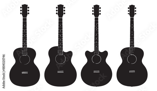  Four silhouetted acoustic guitars standing side by side on a white background