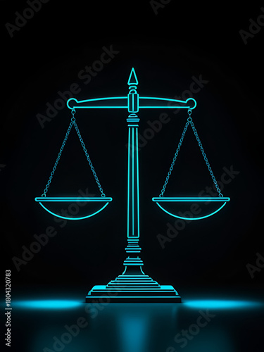 Neon balance scale symbol against dark backdrop, representing fairness and impartiality in law.