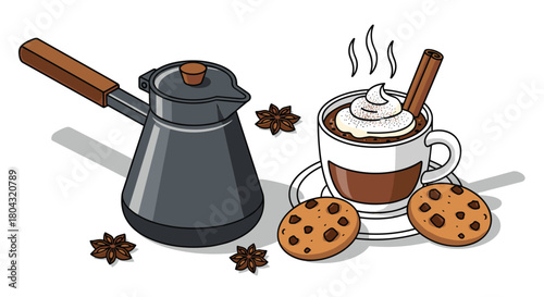Indulge in a delightful hot chocolate with cinnamon, whipped cream, and cookies for ultimate comfort this winter season