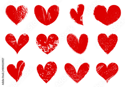 Red grunge heart set, vintage heart vector icon collection