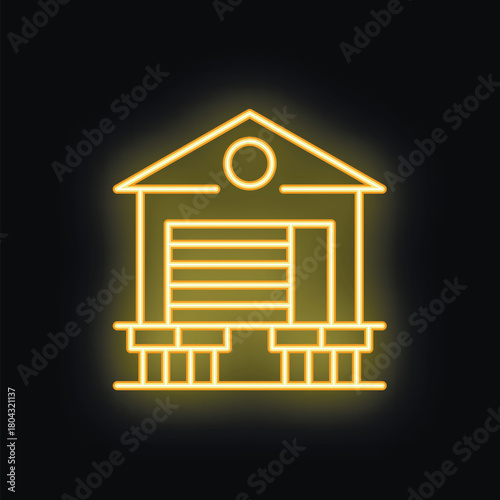 Yellow glowing neon icon of a garage building with a closed door, suitable for web design or mobile application