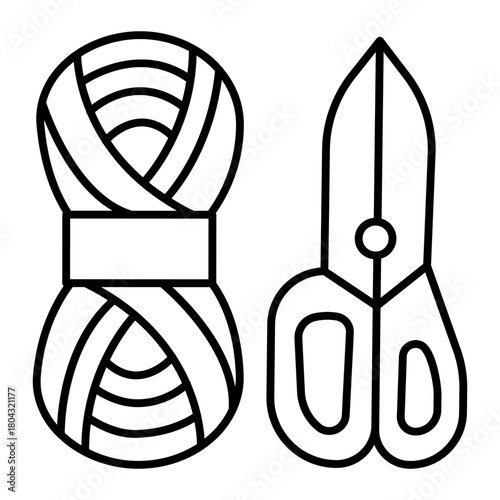 Scissors and skein of thread thin line icon, sewing tools concept. Vector graphics. Yarn with scissors, handicraft accessory sign on white background, style icon mobile or web design.