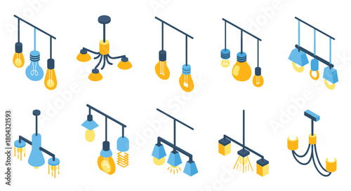 Modern isometric chandelier collection for elegant interior design and lighting, perfect for showcasing home decor or architectural plans