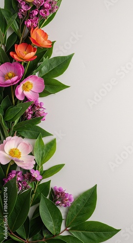 Elegant botanical design featuring an abundance of colorful flowers and vibrant green leaves, creating a serene natural backdrop ,floral ,background ,natural pattern