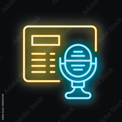 Neon icon of a microphone recording a voice message, podcast, or audiobook