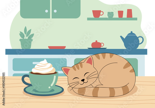 Cozy cup of cocoa near a sleeping cat on a wooden table in a stylish kitchen