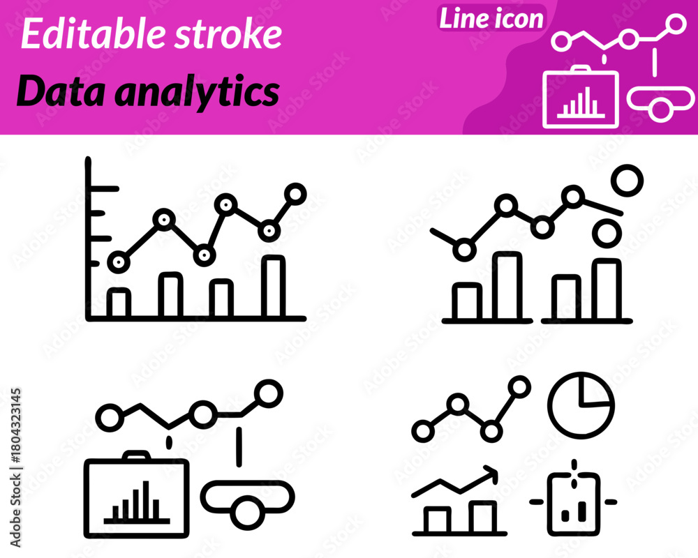 Fototapeta premium A modern data analytics icon character featuring a dashboard-style. layout with bar charts line graphs, and pie charts accompanied by a magnifying glass symbolizing analysis and insight.