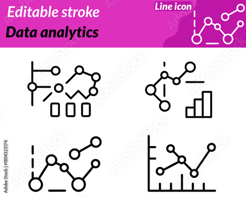 Data analytics set line icon. Digital accents represent data monitoring performance tracking and trend evaluation.Ideal for business intelligence research finance and tech platforms This icon conveys.